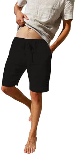 LVCBL Pantalones Cortos de Lino Informales Sueltos de Verano para Hombre con Bolsillos Cintura Elástica