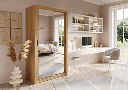 Modern Bedroom Mirror Sliding Door Wardrobe Arti 19 in Oak Shetland 120cm - Flat Pack, Elegant Mirrored Furniture, Loft Style, Customisable Interior - Perfect for Modern Homes
