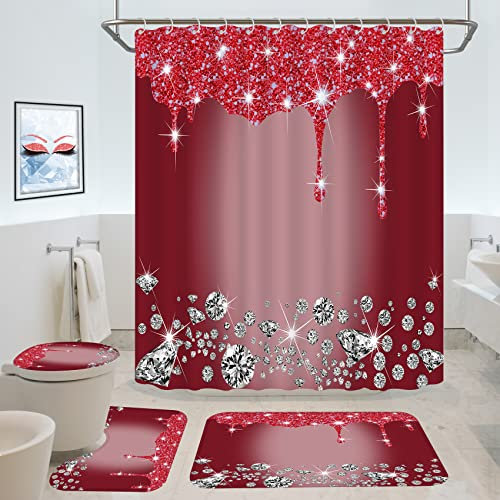Hadint Wine Red Glitter Shower Curtain Set