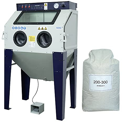 SOGI S-100 Sabbiatrice cabina di sabbiatura + sacco di corindone (25 kg di microfere in vetro grana 200/300)