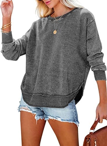 BLENCOT Oversized Jumper Split Side Womens Casual Sweatshirts Long Sleeve Tshirts Tops Solid Color Pullover Size 20 Grey