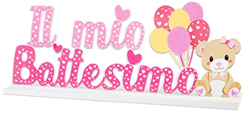 BETESSIN Decorazione Il Mio Battesimo Bambina - Centrotavolo Scritta Legno Rosa, Orso, Palloncini - Decorazione Tavolo Festa, Bomboniere, Confetti Nascita, Baby Shower
