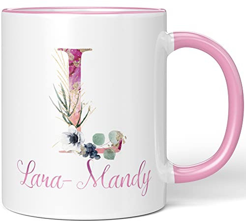 JUNIWORDS Tasse, Lara-Mandy, Name Anfangsbuchstabe Initial Alphabet Floral Buchstabe L Monogramm Motiv, Rosa (5520108)