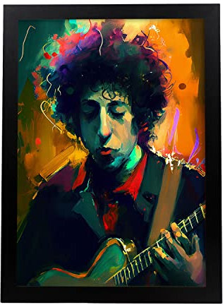 Nacnic Bob Dylan in voller Farbe Fotostil. Cartoon-Illustrationen berühmter Musiker und Künstler. Innenarchitektur und Dekoration. A4 mit schwarzen Rahmen.