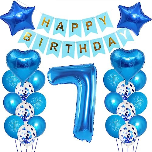 Kindergeburtstag Deko Jungen 7 Jahr ballon, 7. Geburtstag Dekorationen für Junge，Deko 7 Geburtstag ballon, 7 Geburtstag Deko Jungen Happy Birthday Banner Luftballons Blau Konfetti Helium Set …