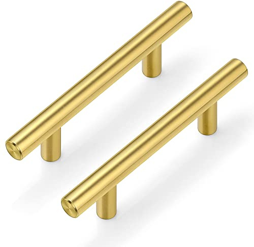Plustool 30Pack 3''Hole Centers Gold Cabinet Handles-Brushed Brass Cabinet Pulls Gold Dresser Drawer Pulls-Stainless Steel Door Hardware for Kitchen Bathroom Bedroom Furniture-5''Overall Length
