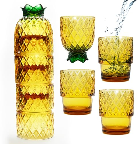 Gökotta Set of 4 Stackable Pineapple Drinking Glasses | Handmade Orange Stacking Cocktail Glass | Water Cups Coffee Mugs | 4PCS 250ml