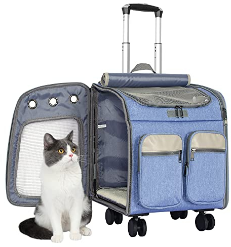 OUUTMEE für Katzen und kleine Hunde, 4-Wege-Handtasche mit Rollen, multifunktionaler Rucksack, atmungsaktiv Blau Haustiertragetasche, Tragetasche mit Rollen