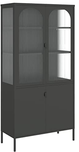 vidaXL Highboard, Sideboard mit 3 verstellbaren Regalböden, Kommode Wohnzimmerschrank mit Glastüren, Schrank Anrichte Beistellschrank, Schwarz Glas Stahl
