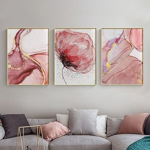 JLCZBT Nordische Wohnzimmer Wandbilder, Rosa und Gold Marmor Bilder, Rosa Blume Leinwand, Luxus Marmor Poster Rosa Wandkunst Bild, Rahmenlos (20x30cm)