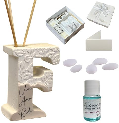 Regalami.Shop bomboniera profumatore in Marmo di Carrara Completo di Scatola, Confetti, Essenza, Nastro e bigliettino (Lettera f)