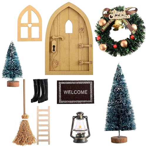 Wichteltür Zubehör Weihnachten Set, Wichteltür Zubehör Set Weihnachten, Weihnachtswichtel Tür Set, Holz Wichtel Tür, mit Miniatur Leiter, Laterne, Stiefel, Kranz, Wichtelbesen, Feentür Set (10pcs)