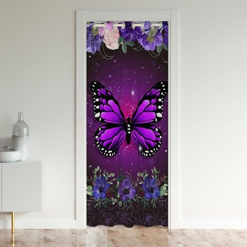 Homemissing Butterfly Closet Door Cover Curtain for Bedroom Living Room 132x203cm Butterflies Print Door Cover Curtain Floral Botanical Door Curtain for Doorway Privacy Purple Galaxy Blackout Curtain