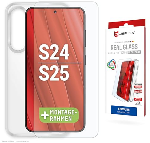 Schutzglas + Schutzhülle für Galaxy S25, S24 (10H) Eco-Montagerahmen | DISPLEX Real Glass + transparente Schutzhülle, 10H Panzerglas, Bruchschutz, extra-harte Kanten, kratzfest, Anti-Shock