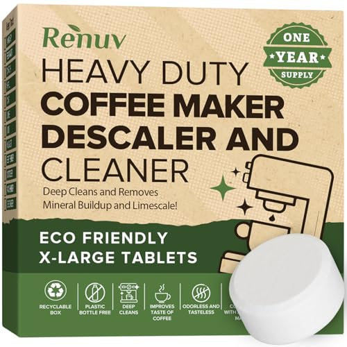 Renuv Pastillas descalcificadoras y limpiadoras para cafetera, suministro de 1 año funciona con Breville, Delonghi, Keurig, Nespresso, Miele, Ninja, Jura, Mr Coffee, cafetera Cuisinart y máquinas de