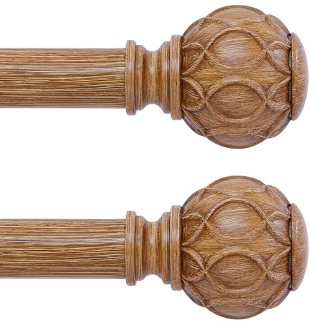 TANGWIN 2er-Pack Holz-Gardinenstangen für Fenster, 71,1 bis 122,9 cm, 2,5 cm starke verstellbare Gardinenstange, Netzstruktur, Einzelfenster-Gardinenstange, 45,7–114,3 cm, braunes Holz