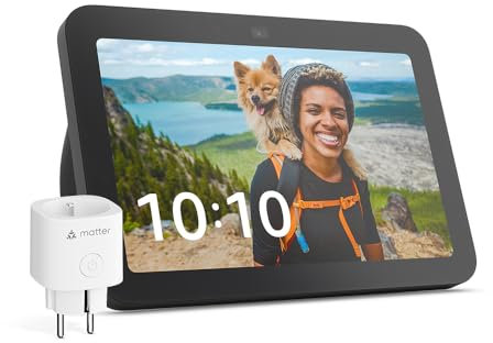 Echo Show 8 (3e génération, modèle 2023) | Anthracite + Meross Prise Connectée Matter, Fonctionne avec Alexa - Kit de démarrage Maison connectée