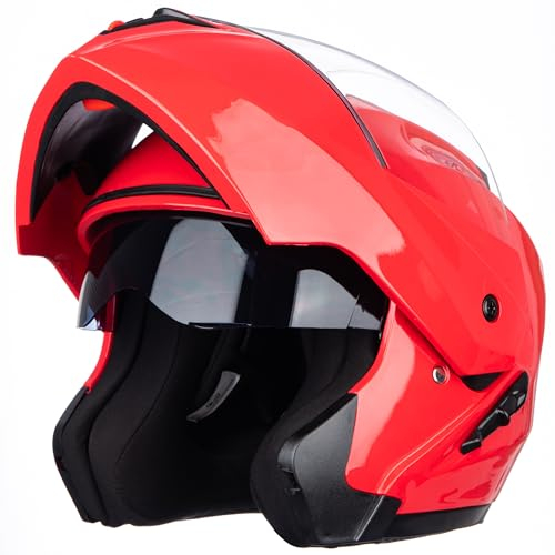 Helm für Motorräder Full-Face Motorcycle Helmet Tragbarer Integralhelme Flip-up Motorradhelm Zertifizierung von ECE (Rosen Rot, L)