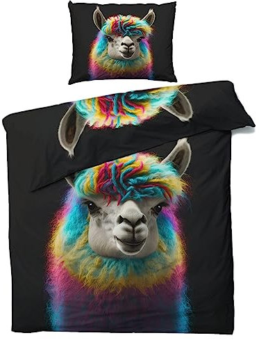 Sommer Bettwäsche 135x200 Lama - Bunte Alpaka Bettbezug 135 x 200 2er Set, Weiche & Angenehme Mikrofaser Bettbezüge & Kissenbezug 80x80, Bettwäsche-Sets mit Reißverschluss O%-146