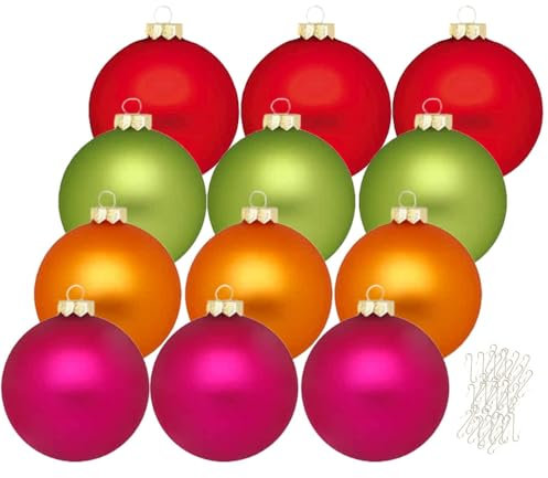 Inge Glas große Weihnachtskugeln mit Haken | Christbaumkugeln aus Glas | Set 12 Kugeln 8cm groß und 40 Aufhänger | Christbaumschmuck Weihnachtsbaumkugeln (Mille Fiori)