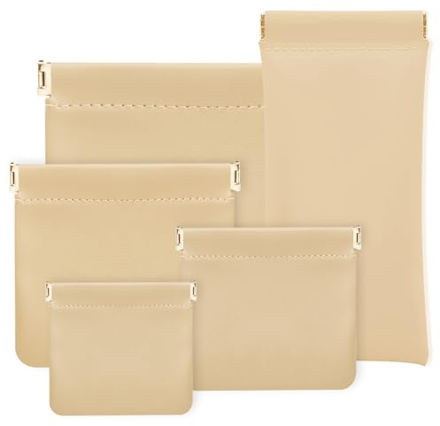 Thatyro 5 Pieces Snap Closure Purse Organizer, Different Sizes Leather Mini Makeup Bag, Portable Squeeze Top Small Pouch for Women Cosmetic Coin Travel Storage Lipstick (Yellow)