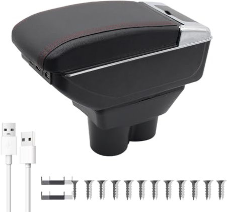KAERGK Auto Armlehnen für Opel Corsa E 2014-2018 Mittelkonsolen für Kfz Doppelter Stauraum mit Getränkehalter 7 USB-Anschlüsse Hintere Utility-Box Einfache Montage (Rote Linie)