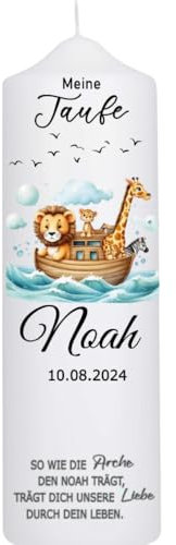 Taufkerze Mädchen oder für Jungen mit Taufspruch, Arche Noah Regenbogen 25 cm x 8 cm, personalisierte Kerze, bedruckte Kerze zur Taufe, Stumpenkerze zur Taufe, individuelles Taufgeschenk