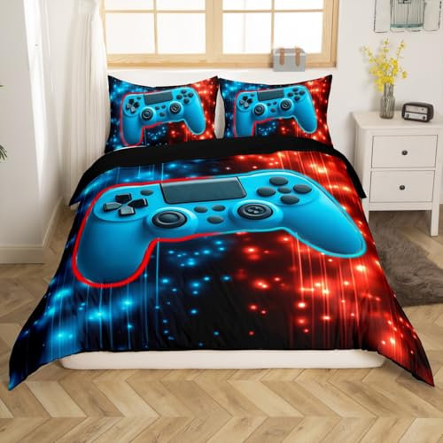 Loussiesd Red and Blue Light Gamepad Duvet Cover Set Single Size For Kids Boys Teens Gamer Bedding Set Gaming Comforter Cover with 1 Pillowcase Came Room Decor