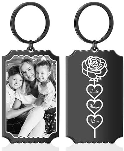 Porte-clés Personnalisé pour Maman - Cadeau Fête des Mères Gravure Fleur et Noms - Porte Clef avec Photo - Personnalisable Cadeau Fete des Meres Maman