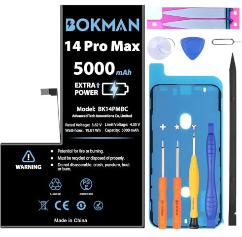 bokman Akku für iPhone 14 Pro Max 5000 mAh, hohe Kapazität Li-Ionen-Polymer-Akku mit Allen Werkzeug-Kits