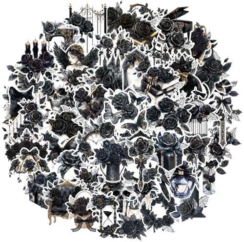 BOXOB 50stk Rosen Aufkleber Schwarz, Schwarze Blumenromantik Transparentes PET Schwarze Rose Vintage Ästhetische Aufkleber für Scrapbook Laptop Handy Journal Frauen und Erwachsene