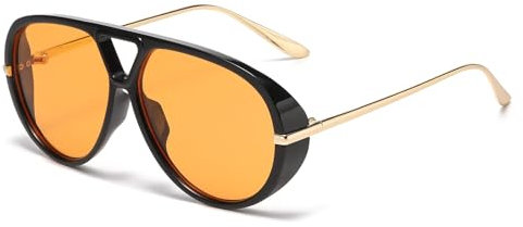LJCZKA Oversized Pilot Sunglasses for Women Men 70s Large Double Bridge Shield Sun Glasses Trendy Big Round Frame Shades UV400 Protection (Black Orange)