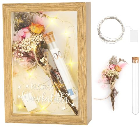 WALLFID Geldgeschenke, Geldgeschenke mit Bilderrahmen,einschließlich Trockenblumen,Fotorahmen,Reagenzgläsern aus Kunststoff,Lichterketten,Schreibtischdekorationsgeschenke (KLEINER Wunscherfüller)