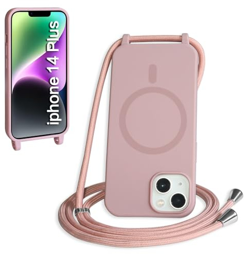 FMPCUON Magnética Funda con Cuerda para iPhone 14 Plus Compatible con Magsafe,TPU Antigolpes Protectora Silicona Case Carcasa con Ajustable Cordon Colgante Cadena,Rosa