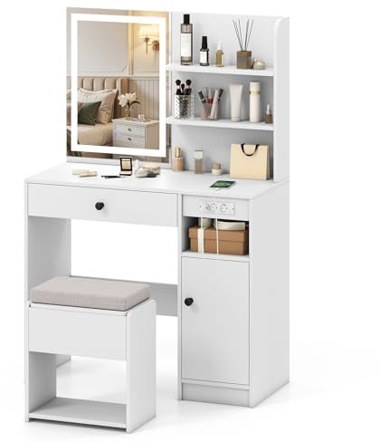 COSTWAY Schminktisch mit Spiegel & 3 Modi Beleuchtung, Frisiertisch mit gepolstertem Hocker, Steckdosen, verstellbarem Regal & Schrank, Kosmetiktisch für Schlafzimmer 90 x 40 x 135,5 cm