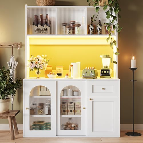 Rvjiahe Küchenschrank, Hochschrank, Vitrinenschrank, Buffetschrank mit Verstellbaren Ablagen, Esszimmerschrank, Sideboard mit LED-Beleuchtung, Weiß (Weiß)