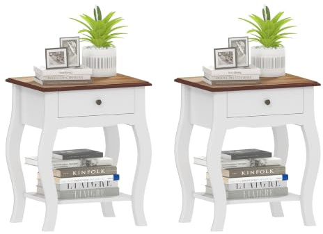 HOMCOM Bedside Tables Set of 2, French Style Bedside Cabinets with Drawer and Open Shelf, Nightstand for Bedroom, Living Room, 45 x 35 x 55 cm, White