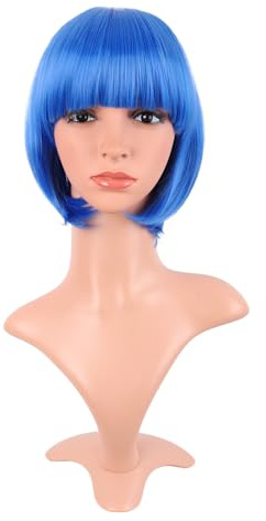 MapofBeauty 12 Inch Fashion Short Straight Flat Bangs Bob Wig, Bright Blue | 30 cm Wig, Synthetic, Lady, Natural