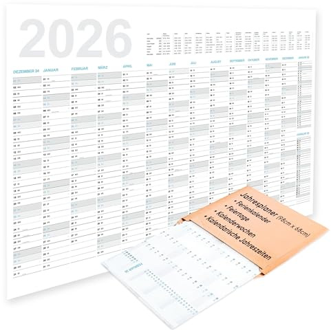 Jahreskalender 2026 Wandkalender (98cm x 68cm) Großer Jahresplaner für die Wand quer I Kalender für das ganze Jahr 2026 + Januar, Februar 2027