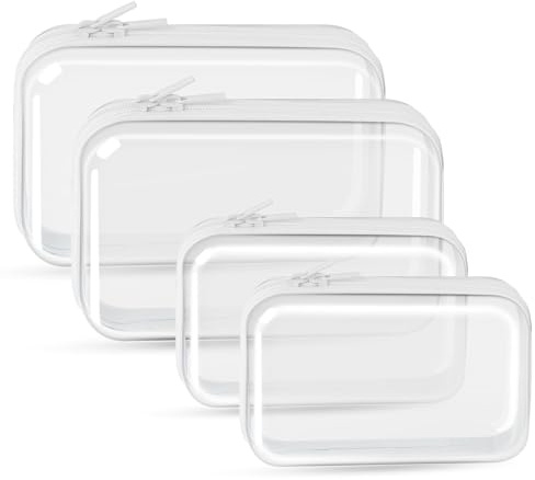 QEEYON 4 Pack Clear Hard Shell Zipper Cases, Waterproof Toy Storage Bags | Double Zipper Toiletry Toys Organizer Bags for Travel Make Up Tools, Toiletries, Building Blocks, Puzzles