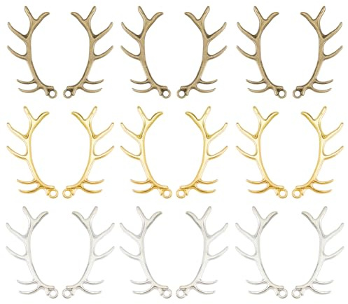 Hobbspring 18 Stück Legierungs-Hirschgeweih-Charms 3 Farben Tibetischer Stil Hirschgeweih-Charms Weihnachts-Hirsch Rentiergeweih-Pendants für das Basteln und Herstellen von DIY-Schmuck