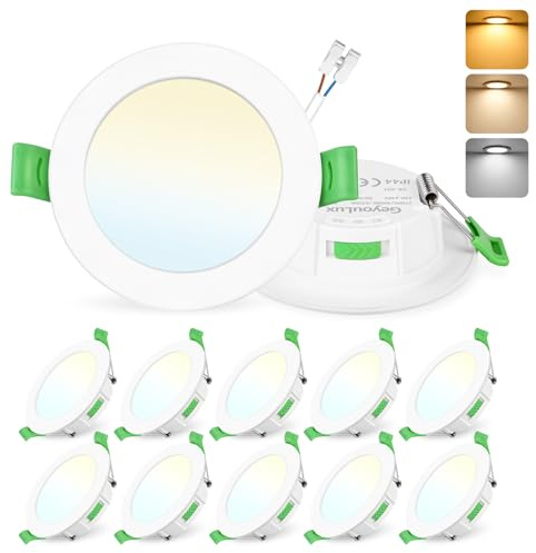 GeyouLux Einbaustrahler LED 230V Dimmbar, 65-75mm Lochmaß LED Spot 10er Set | 7W 700LM Einbauleuchten, IP44 2700K/4000K/6500K Deckenspots, Extra Flach Einbauspots für Badezimmer Küche Wohnzimmer, Weiß