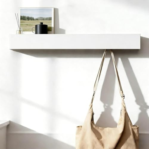 ATTEEFI 60cm Wandgarderobe mit Ablage und 7 versteckten Haken, Geräumige wandhaken garderobe aus Metall und Holz, hakenleiste garderobe für Flur, Schlafzimmer, Wohnzimmer, Weiß