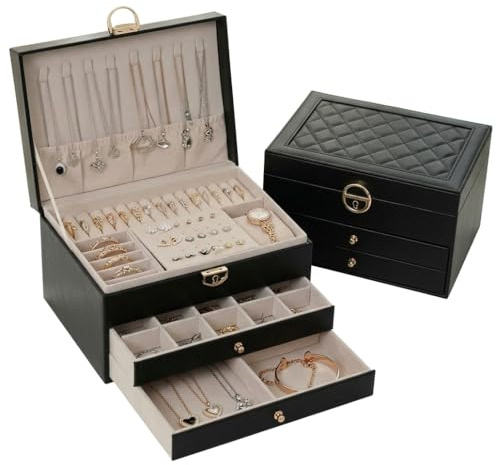 KIVEA Schmuckaufbewahrung Organizer Box, 3-teiliges Set, Schwarz | Mehrere Fächer, Für Ringe Ohrringe Ketten, Holz mit Samtfutter