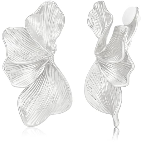 TOVABA Ohrclips Silber Blumen Clip Ohrringe für Damen, Große Elegante Blütenblatt Ohrringe Ohne Ohrloch, Statement Modeschmuck Ohrklemmen