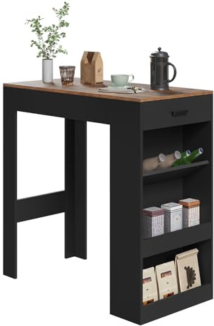 WOLTU Bartisch, Stehtisch mit 1 Schublade & 3 Ablagen, Küchentisch mit Weinregal, Bistrotisch für Bar Küche Wohnzimmer Esszimmer (Mit Brett, Rustikales Braun + Schwarz, 100 x 50 x 100 cm)