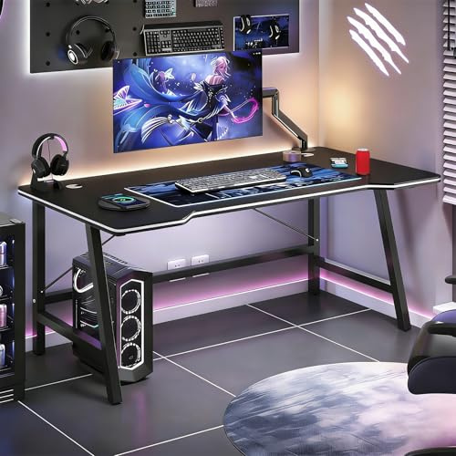 ZFEBHMY Gaming Desk, Gaming Table for Laptop with Carbon Fiber Coated, Ergonomic Computer Desk with Cable Tray, Installable Robotic Arm, Easy to Assemble (Black, 80x60cm)