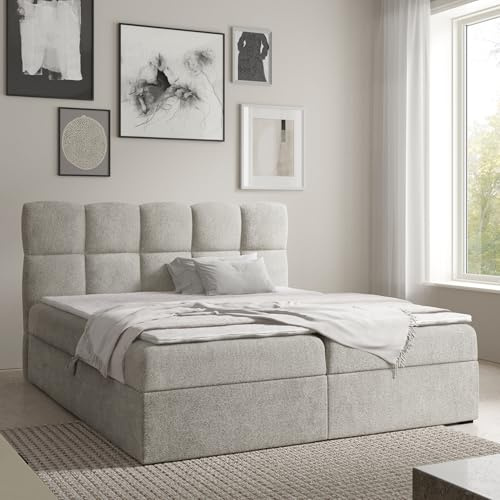 Home Collective Boxspringbett Polsterbett Doppelbett Bett mit Stauraum viele Größen & Farben | Topper inklusive | modernes Design mit Kassettensteppung Schlafzimmer Jugendzimmer | Hellgrau 200x200 cm