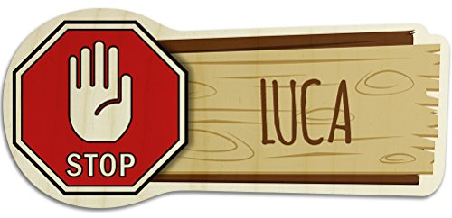 printplanet Türschild aus Holz mit Namen Luca - Motiv Stopschild mit Hand - Namensschild, Holzschild, Kinderzimmer-Schild