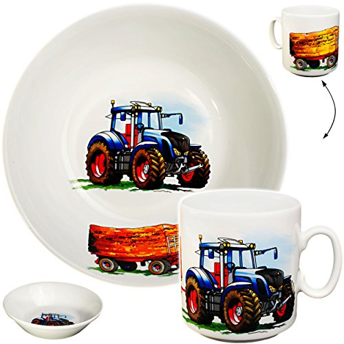 alles-meine.de GmbH 2 TLG. Set Tasse + hoher Teller/Suppenteller/Müslischale - Traktor - Trecker mit Anhänger - Bauernhof - aus Porzellan/Keramik - Henkeltasse/Trin..